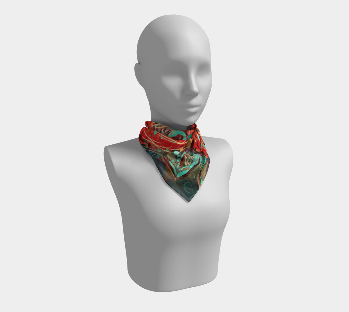 Le Rous Collection Square Scarf in Floral, worn as a 16x16 scarf. Soft polyester fabric drapes elegantly, showcasing vibrant red roses against teal and earthy shades, adding a touch of nature-inspired art to any outfit.