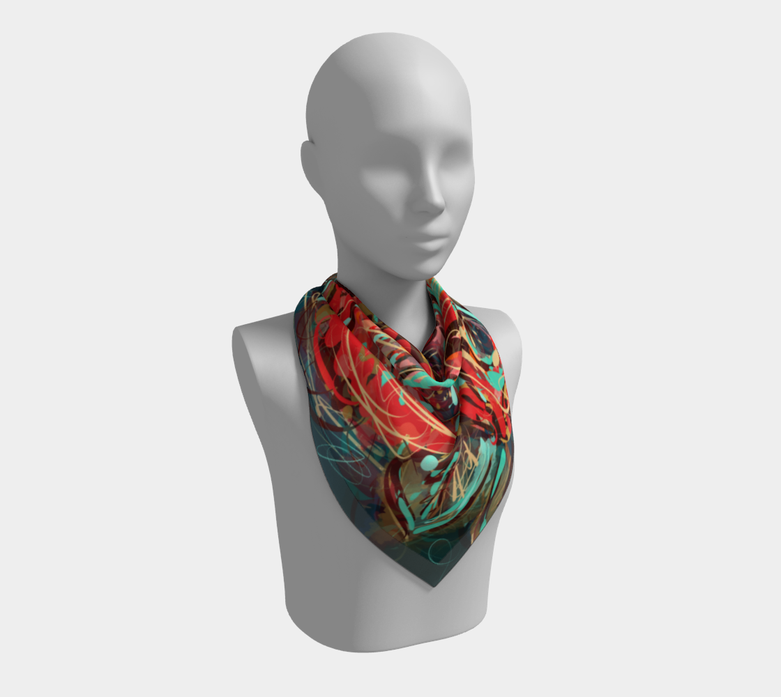 Le Rous Collection Square Scarf in Floral, worn as a 26x26 scarf. The vibrant floral design, featuring rich red roses and dynamic teal hues, wraps gracefully around the neck for a chic, bohemian look.