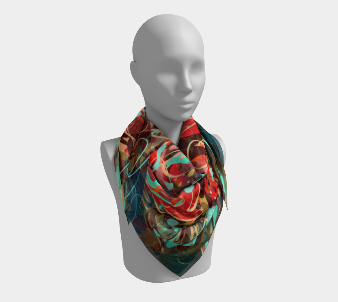 Le Rous Collection Square Scarf in Floral, worn as a 36x36 scarf. The fluid drape of this scarf, adorned with vibrant roses in red and teal, adds a bold, artistic statement to your outfit, perfect for expressing free-spirited style.