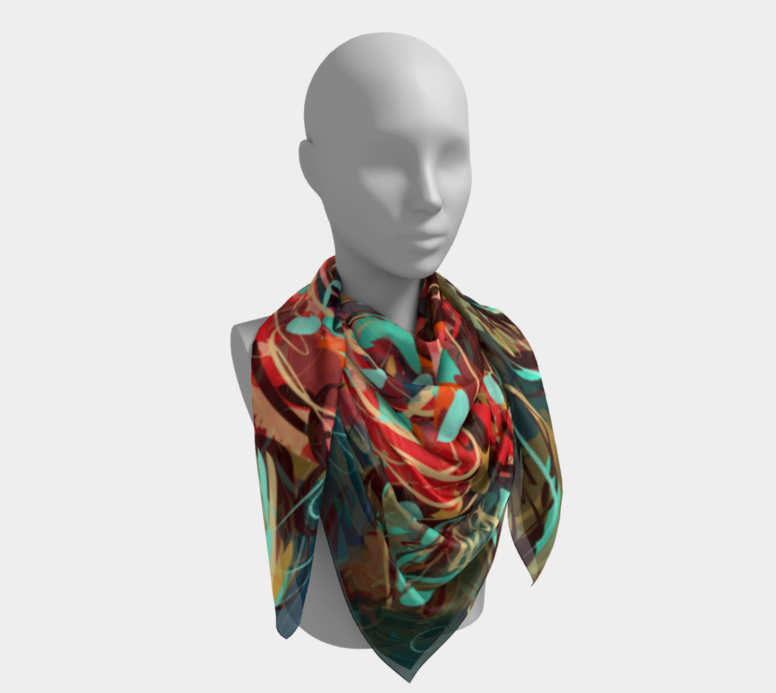 Le Rous Collection Square Scarf in Floral, worn as a 50x50 scarf. This generously sized scarf features a lush floral design with red roses and earthy tones, offering a stunning accessory that embraces nature’s beauty.