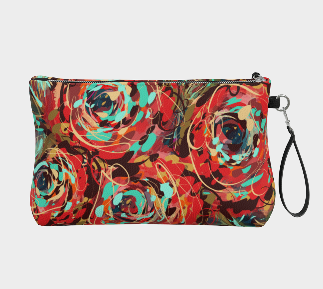 Le Rous Collection Vegan Leather Makeup Bag in Floral, back view. The bag showcases vibrant red roses and bold teal hues, printed with permanent UV inks for a durable, long-lasting design. Ideal for eco-conscious fashion lovers.