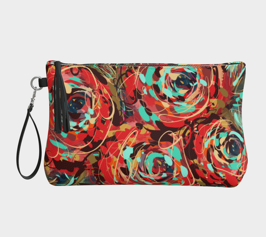 Le Rous Collection Vegan Leather Makeup Bag in Floral, front view. Featuring vibrant red roses intertwined with bold teal and earthy tones, this makeup bag brings nature’s untamed beauty to your daily essentials. Crafted from textured vegan pebble leather for an eco-friendly choice.