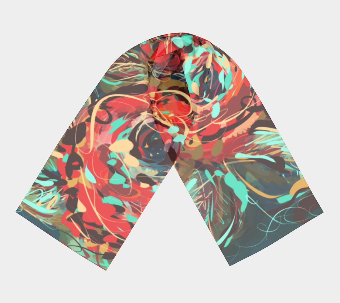 Flat view of the Le Rous Collection long scarf in floral, featuring vibrant red roses and bold teal hues printed on smooth, lustrous polyester fabric, offering a silk-like drape and eco-friendly design. Perfect for adding an artistic touch to any outfit.