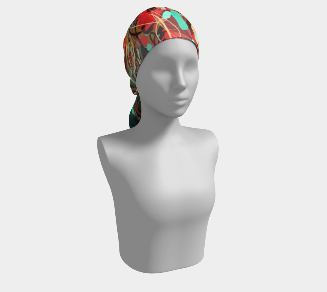 Le Rous Collection long scarf wrapped around the head, featuring vivid floral print with red roses and teal tones on soft, lustrous polyester fabric. An elegant and eco-conscious accessory that adds vibrant color and artistry to your look.