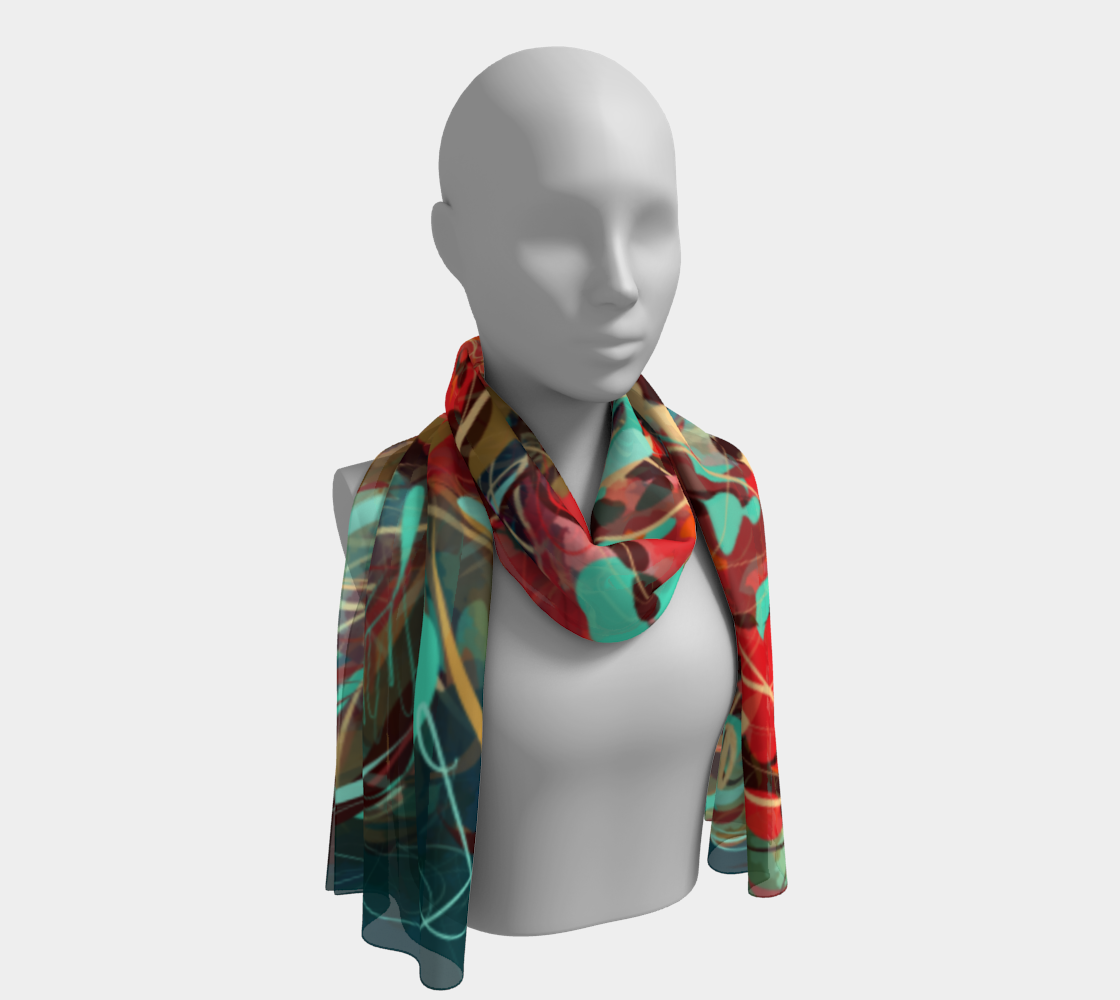 Le Rous Collection long floral scarf draped around the shoulders, showcasing its vibrant red roses, teal accents, and soft polyester fabric that mimics silk. A versatile accessory to elevate any style with a free-spirited, artistic vibe.