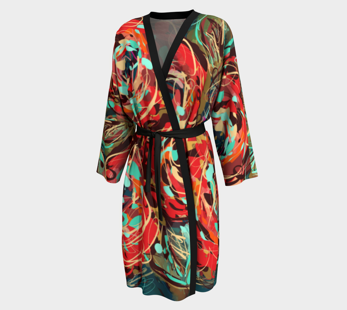 Front view of the Le Rous Collection peignoir in floral design, featuring vibrant red roses, teal accents, and earthy tones, showcasing a luxurious and artistic robe perfect for lounging.