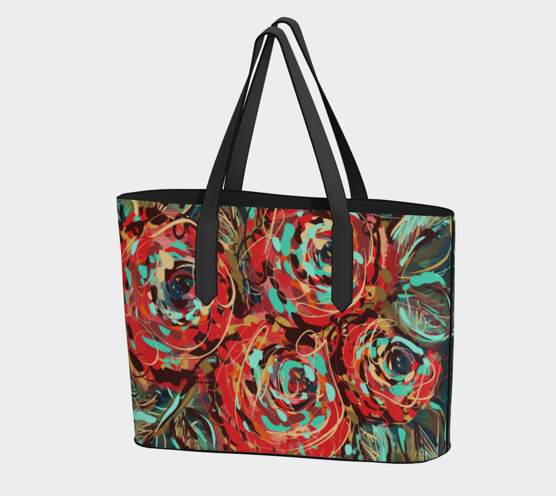 Le Rous Collection vegan leather tote bag in floral design featuring vibrant red roses and bold teal accents. Crafted from eco-friendly vegan pebble leather, this spacious and stylish tote bag fits a 16” laptop and is perfect for any lifestyle, combining functionality with chic design.