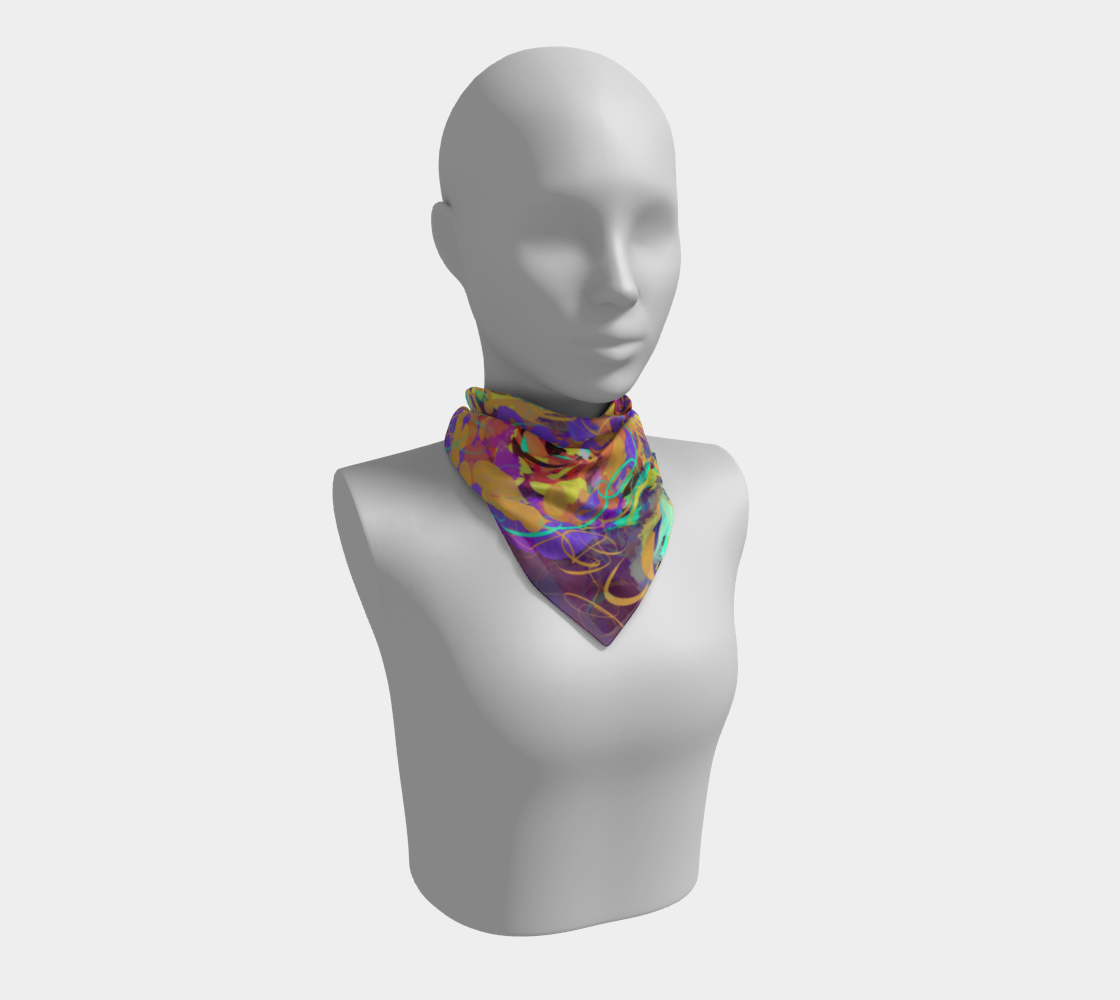 Cordelia Collection Square Scarf in Floral, 16x16 neck view. This vibrant scarf with striking rose patterns in purple, yellow, and blue adds a bold touch to your outfit. Crafted from soft polyester, it drapes beautifully and offers an effortless, stylish accessory.