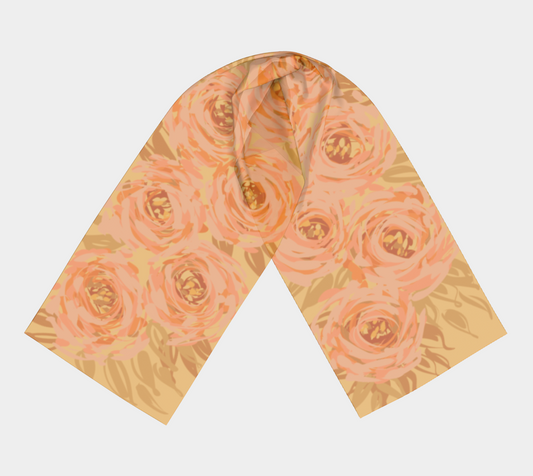 Queen of Petals Apricot Blooms Long Silk Scarf in flowing apricot and golden tones