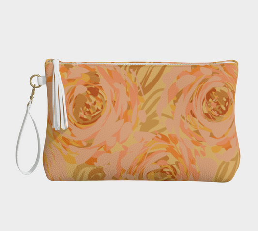 Queen of Petals Apricot Blooms Vegan Leather Clutch front view with decorative tassel