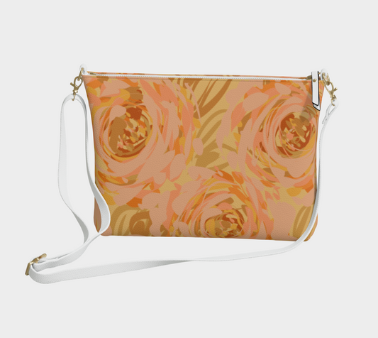 Queen of Petals Apricot Blooms Vegan Leather Crossbody Purse front view with metal zipper