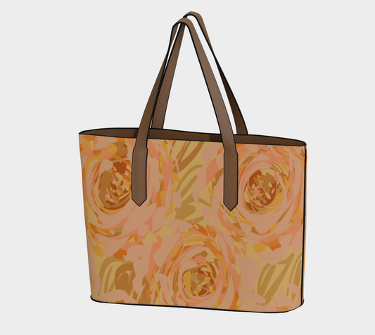 Queen of Petals Apricot Blooms Vegan Leather Tote Bag front view with structured silhouette