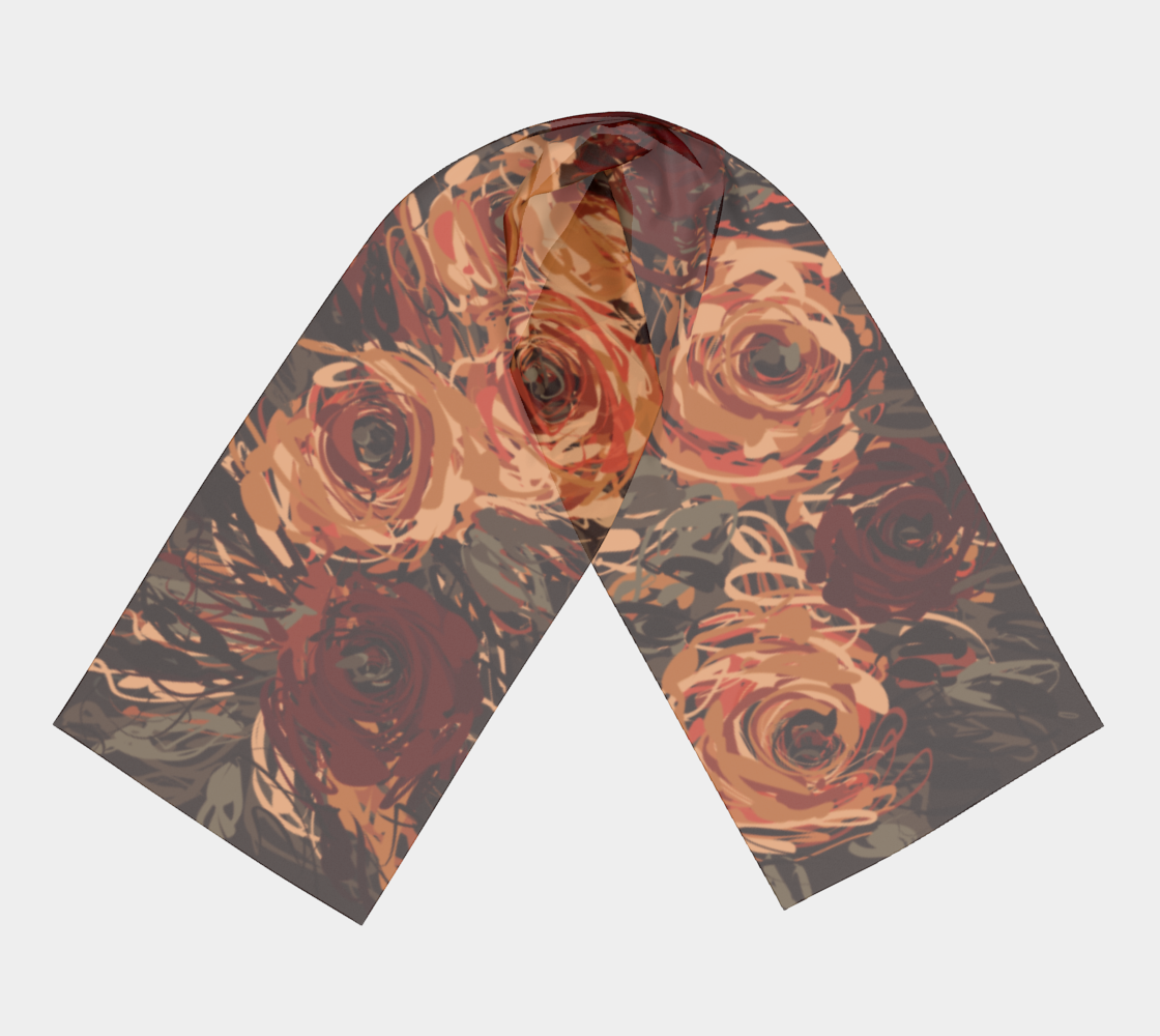 Queen of Petals Artisan Auburn Long Silk Scarf full view, painterly roses in burnt orange, deep auburn, and charcoal on flowing silk