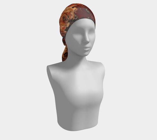 Queen of Petals Artisan Auburn Long Silk Scarf styled as head wrap, showing versatility and drape
