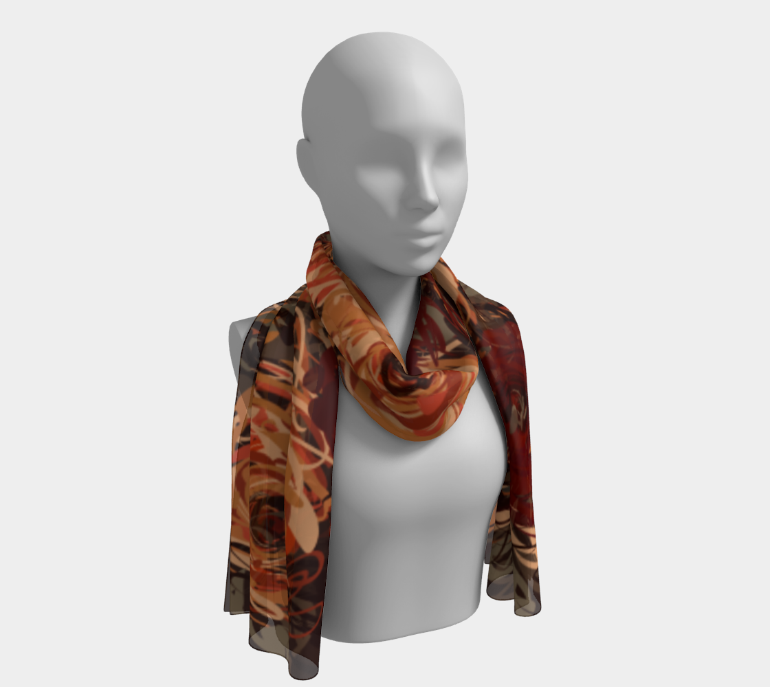 Queen of Petals Artisan Auburn Long Silk Scarf worn as shoulder throw, displaying rose pattern and movement