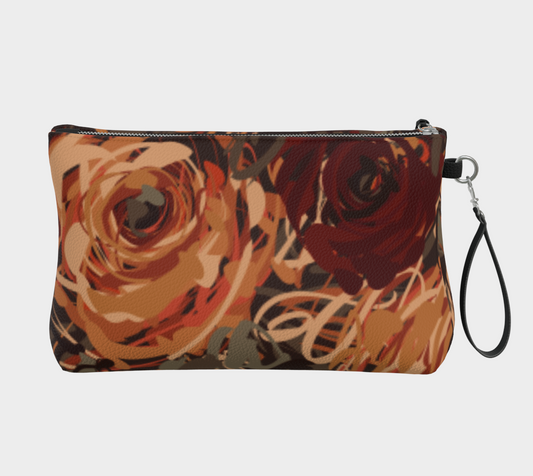 Queen of Petals Artisan Auburn Vegan Leather Clutch back view, showing navy lining detail and metal zipper