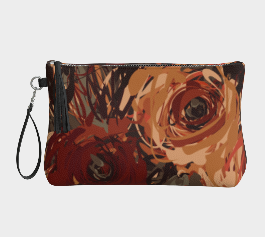 Queen of Petals Artisan Auburn Vegan Leather Clutch front view, painted roses in burnt orange and charcoal with decorative tassel