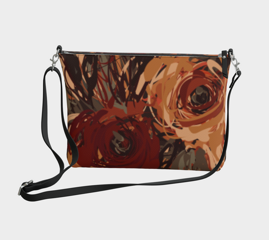 Queen of Petals Artisan Auburn Vegan Leather Crossbody Purse front view, rose design with adjustable strap