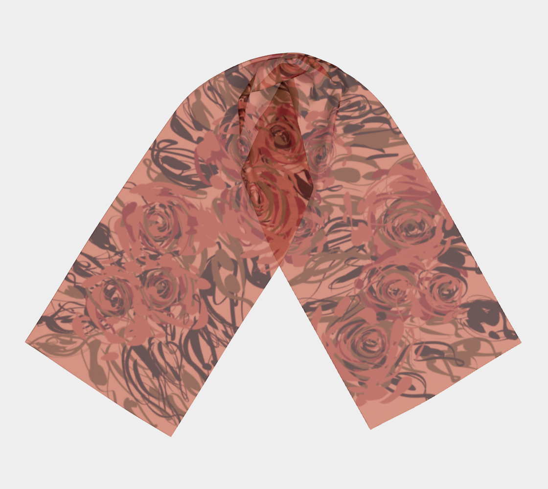 Queen of Petals Blush Pink Long Silk Scarf, full view, featuring painterly roses in terracotta, dusty pink, and warm brown tones