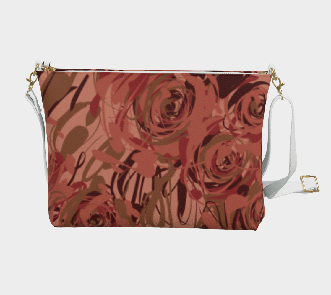 Queen of Petals Blush Pink Vegan Leather Crossbody Purse, back view, showing metal zipper and navy lining