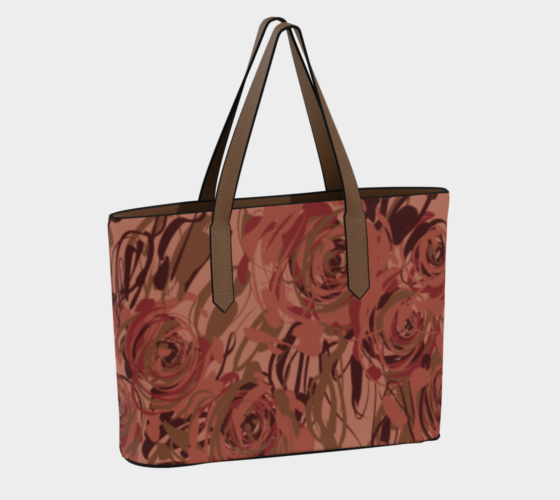 Queen of Petals Blush Pink Vegan Leather Tote Bag, back view, showing brown leather handles and construction