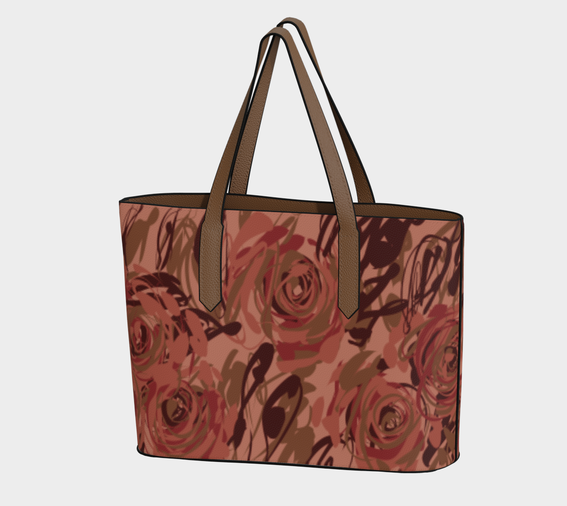 Queen of Petals Blush Pink Vegan Leather Tote Bag, front view, featuring terracotta rose pattern on sustainable leather