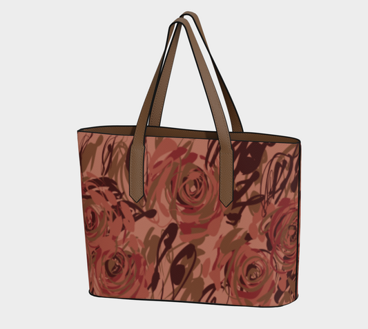 Queen of Petals Blush Pink Vegan Leather Tote Bag, front view, featuring terracotta rose pattern on sustainable leather