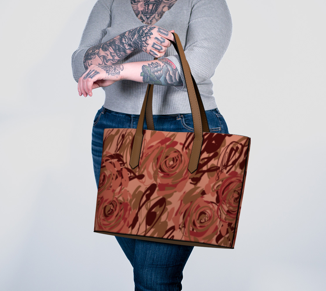 Queen of Petals Blush Pink Vegan Leather Tote Bag, carried on arm, demonstrating size and proportions