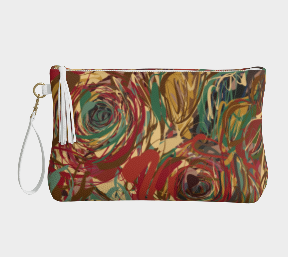 Queen of Petals Boho Roses Vegan Leather Clutch, front view, painterly rose print with tassel detail