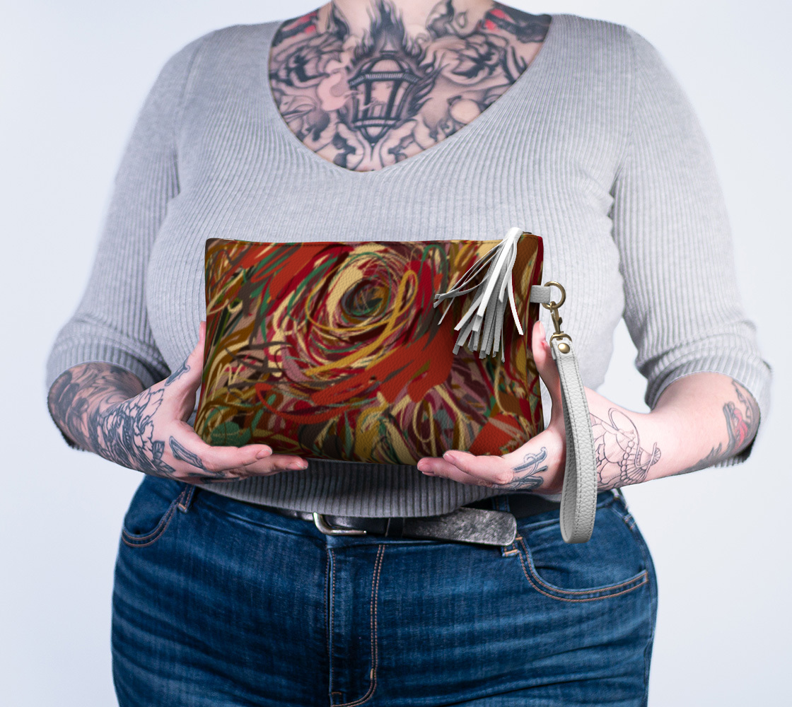 Queen of Petals Boho Roses Vegan Leather Clutch held in hands showing 10×6 inch size