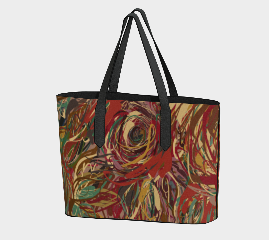 Queen of Petals Boho Roses Vegan Leather Tote Bag, front view, painterly roses in autumn tones