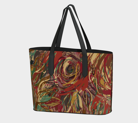 Queen of Petals Boho Roses Vegan Leather Tote Bag, front view, painterly roses in autumn tones