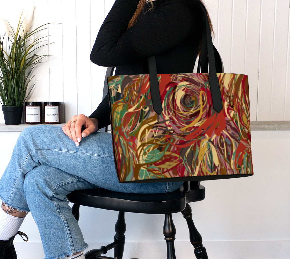 Queen of Petals Boho Roses Vegan Leather Tote Bag worn on shoulder, fits 16 inch laptop