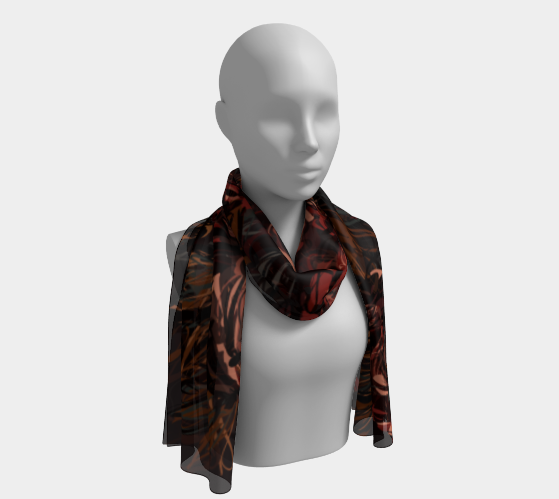 Château Noir long silk scarf in deep burgundy and garnet, draped over shoulders