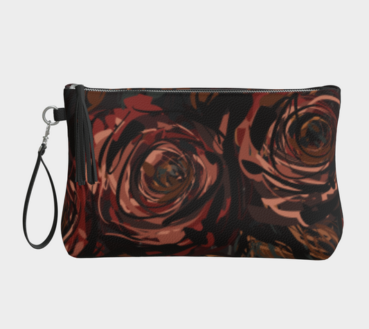 Queen of Petals Château Noir Vegan Leather Clutch, front view, painted rose design