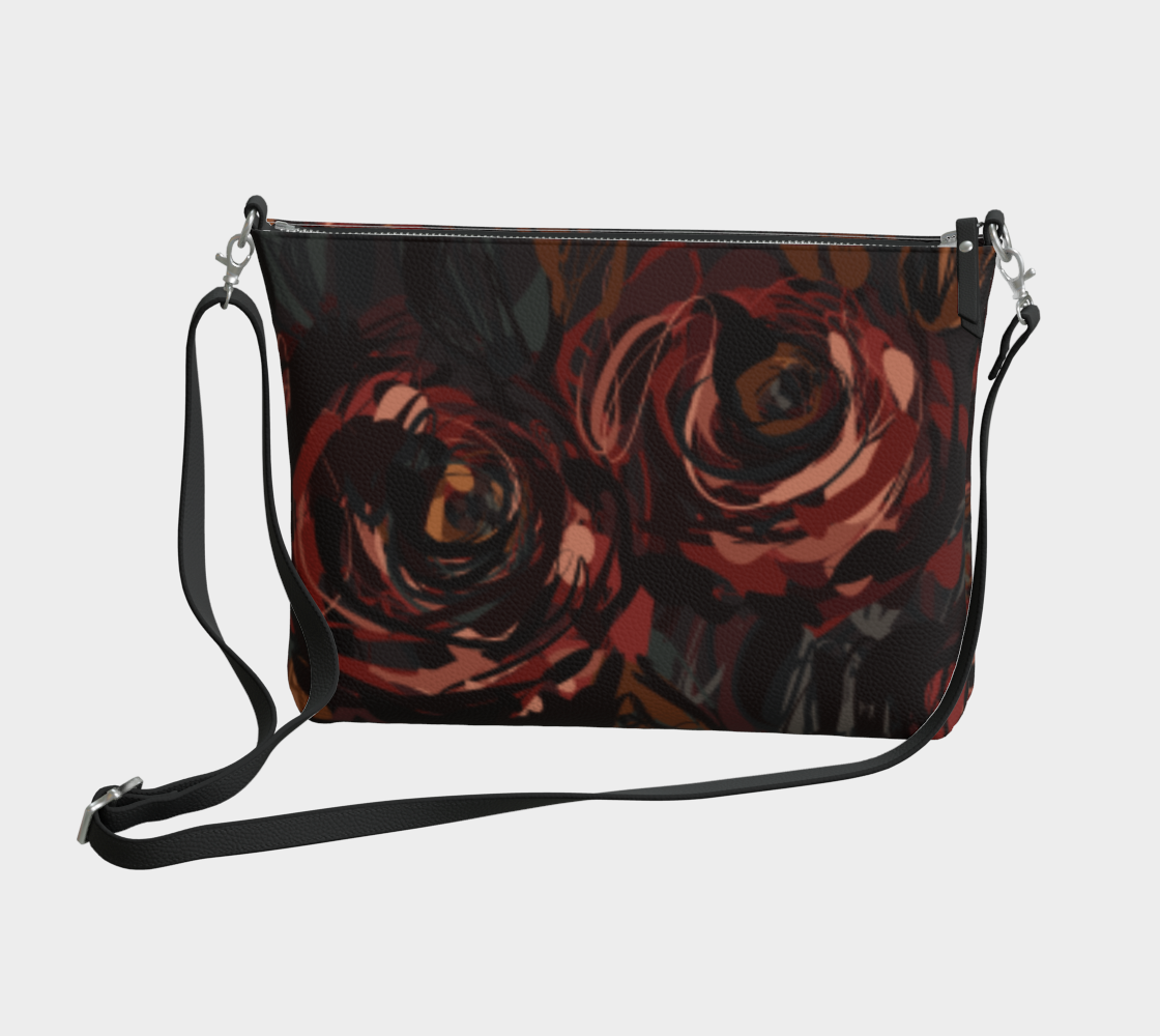 Queen of Petals Château Noir Vegan Leather Crossbody Purse, front view, burgundy roses