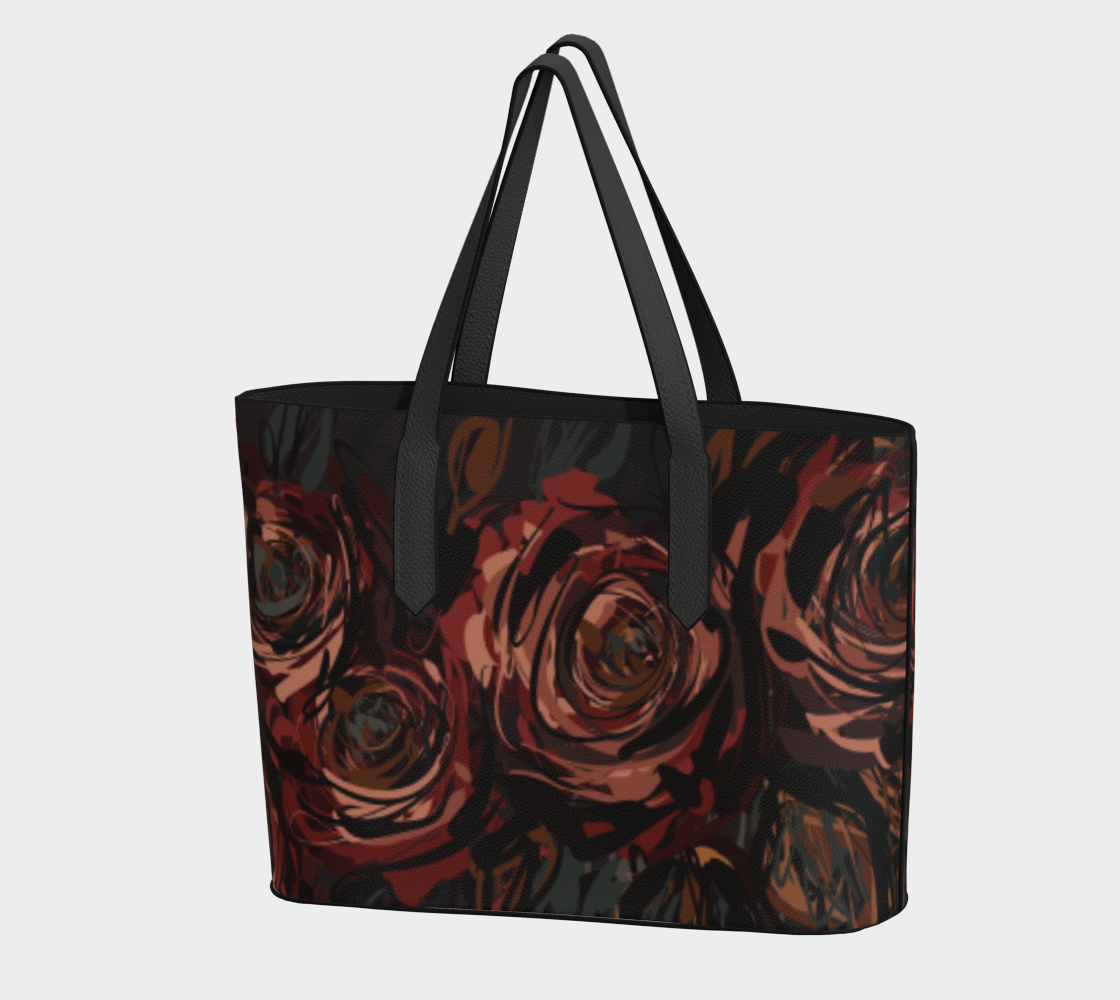 Queen of Petals Château Noir Vegan Leather Tote Bag, front view, painted rose pattern