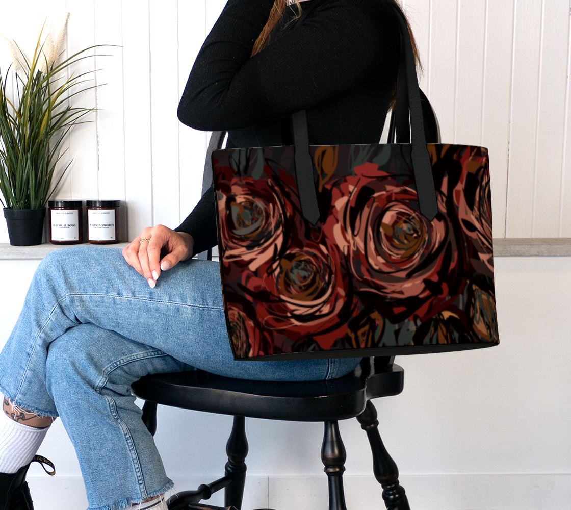 Queen of Petals Château Noir Vegan Leather Tote Bag worn on shoulder, laptop-sized