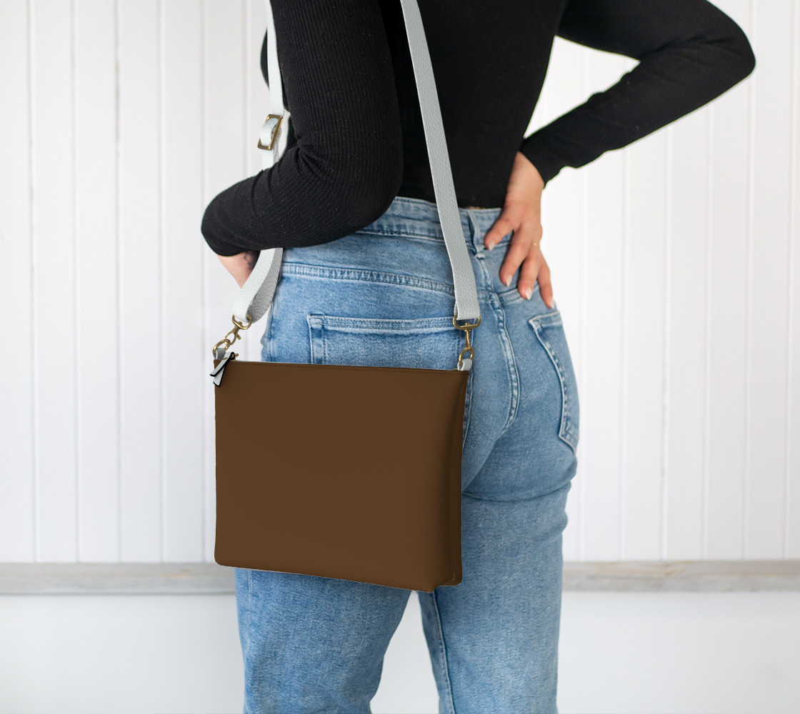 Queen of Petals Chocolate Brown Chestnut Crossbody Purse worn crossbody showing 26 to 46 inch strap