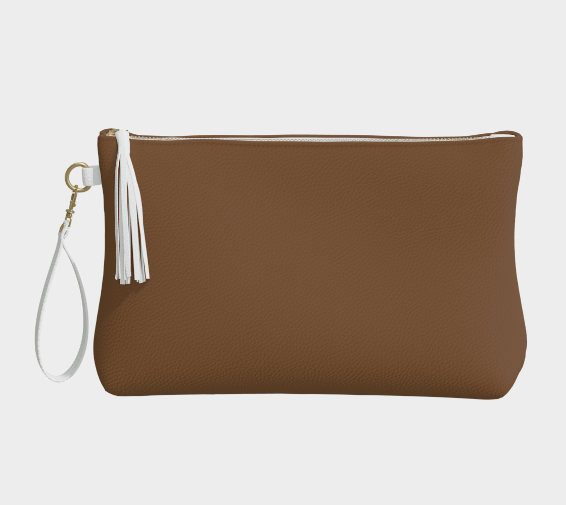 Queen of Petals Chocolate Brown Mocha Clutch front view showing vegan pebble leather and tassel detail