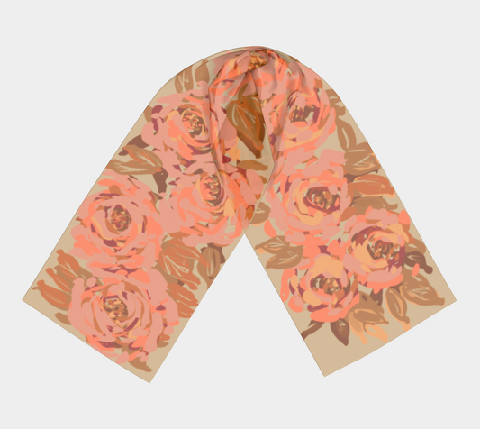 Queen of Petals Copper Sunset Long Silk Scarf, full view, showing flowing amber and rust silk