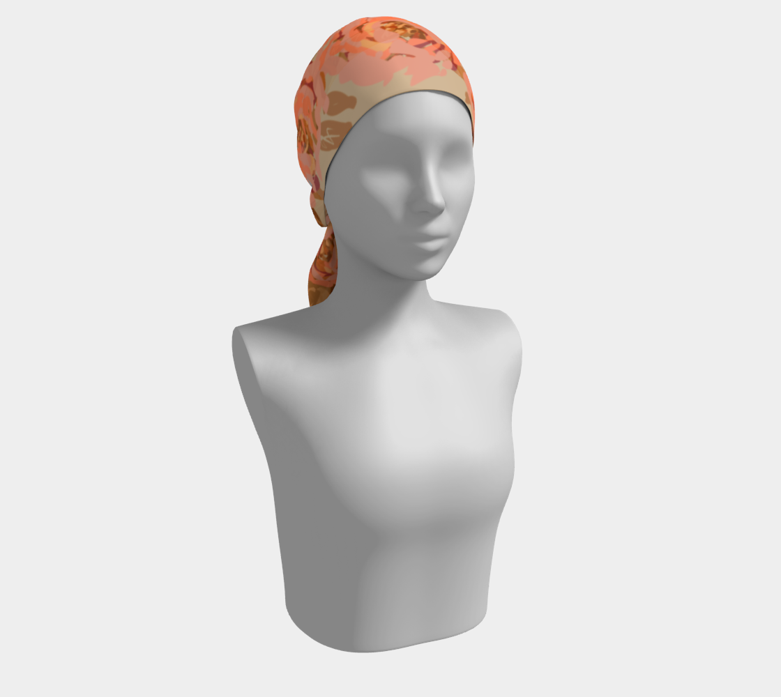 Queen of Petals Copper Sunset Long Silk Scarf, worn as head wrap, showcasing versatile styling