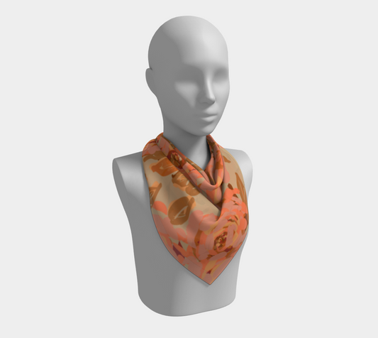 Queen of Petals Copper Sunset Square Silk Scarf, 26 by 26 inch size, shown in burnished gold tones