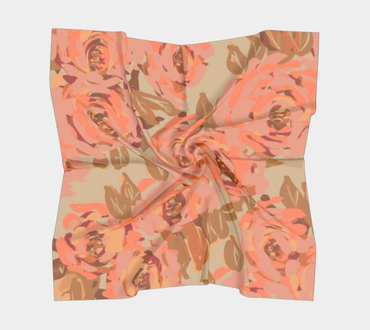 Queen of Petals Copper Sunset Square Silk Scarf, full view, featuring warm amber and rust tones