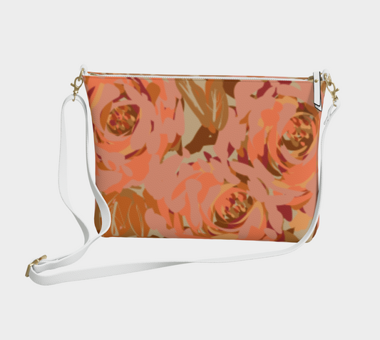 Queen of Petals Copper Sunset Vegan Leather Crossbody, front view, displaying copper pebble leather