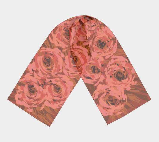 Queen of Petals Coral Bronze Long Silk Scarf, full view, transitioning from coral to bronze tones