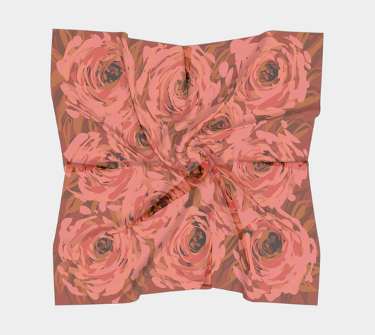 Queen of Petals Coral Bronze Square Silk Scarf, full view, coral to bronze flame pattern