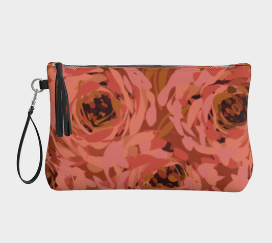 Queen of Petals Coral Bronze Vegan Leather Clutch, front view with coral bronze pattern