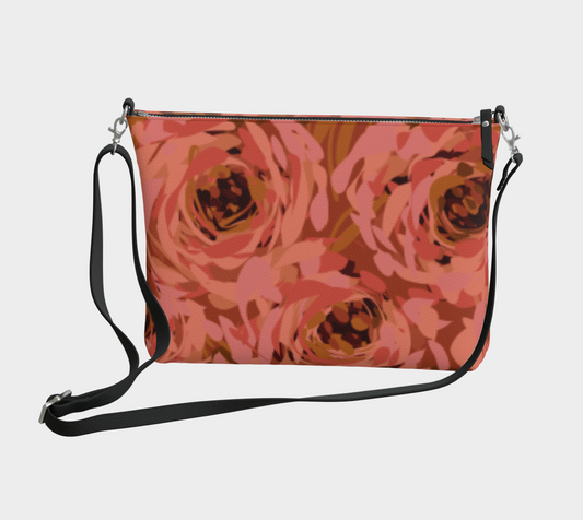 Queen of Petals Coral Bronze Vegan Leather Crossbody, front view with metal zipper detail