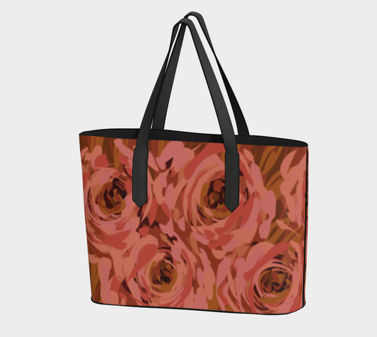 Queen of Petals Coral Bronze Vegan Leather Tote, front view with coral bronze pattern